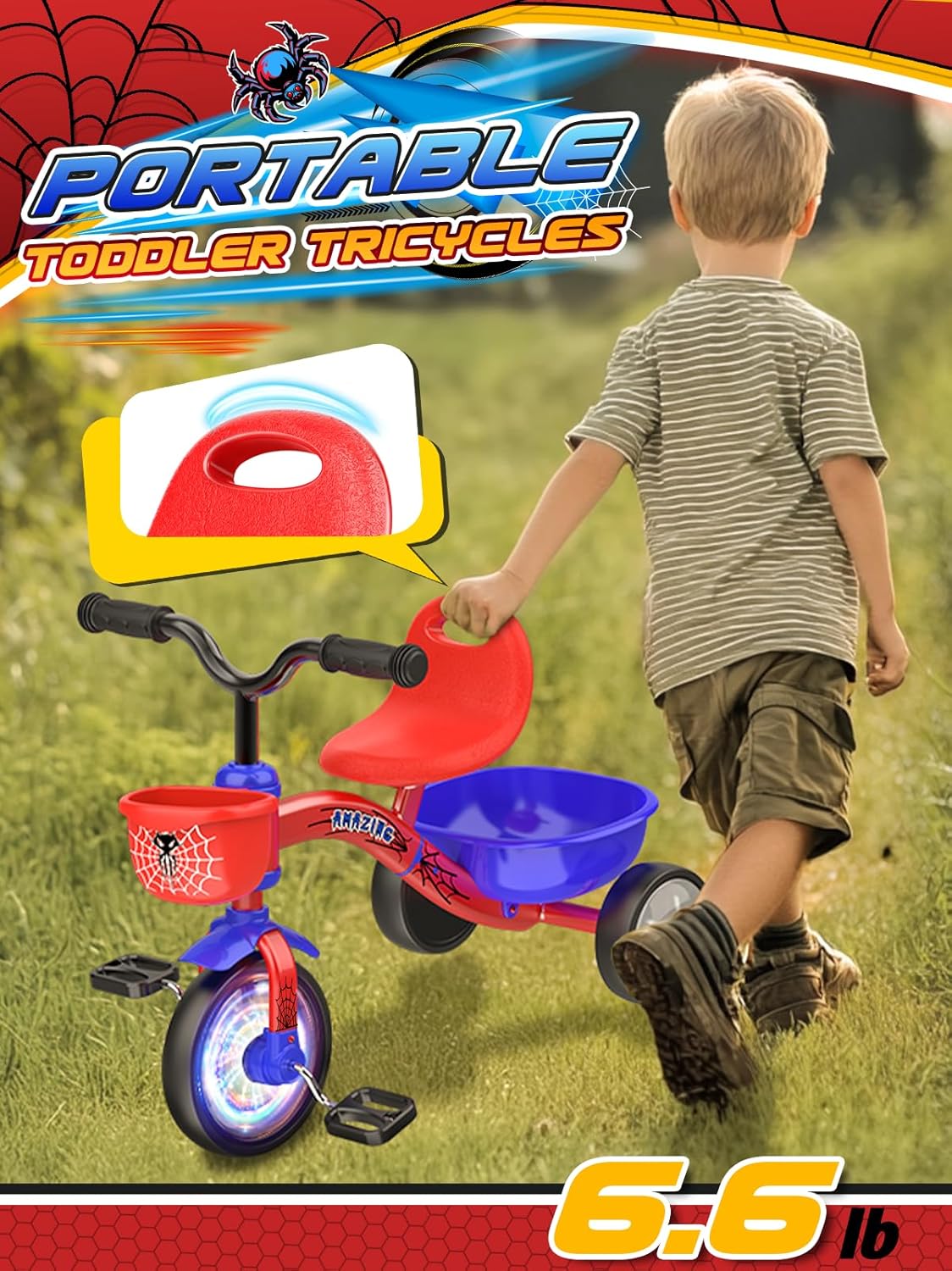 Tricycle for Toddlers 1-3 3-5 Year Olds, Spider Toddler Bike Baby Balance Bike with Colorful Lighting Wheels & Large Basket, Birthday Gift and Toy for 1 2 3 4 5 Year Olds Boys and Girls